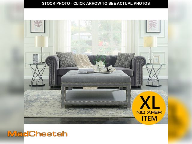 Lot 74-12897724 - Iconic Home Bina Coffee Table Ottoman 2-Layer Polished Nailhead Tufted Linen Bench, Grey - UNUSED