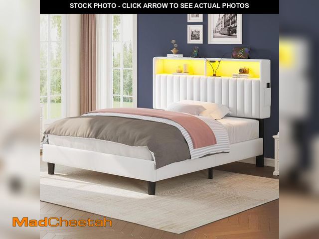 Lot 74-12367780 - (MISSING HARDWARE) Seventable Twin Size Bed Frame with Charging Station, LED Bed with Velvet Upholst...