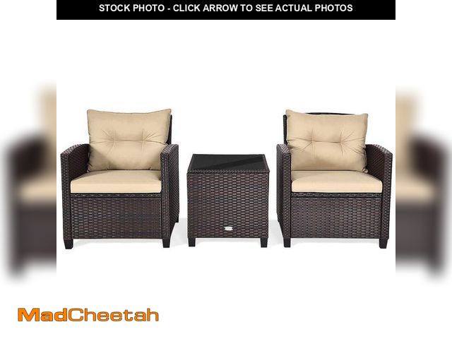 Lot 74-12533980 - HONEY JOY Brown 3-Pieces Wicker Patio Conversation Set Outdoor Rattan Furniture with Beige Cushions ...
