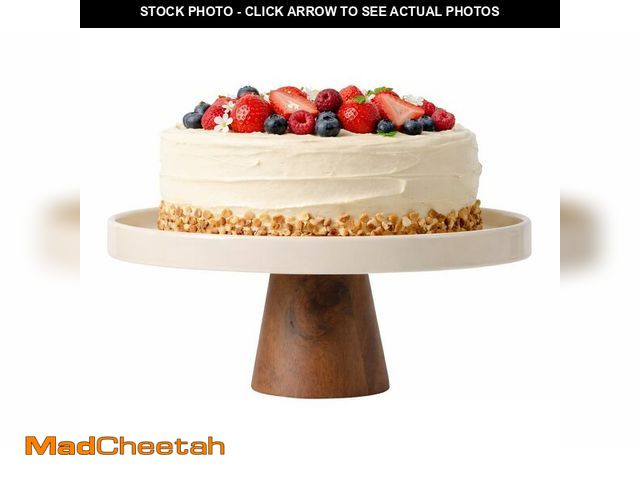 Lot 74-13960789 - Gibson Elite 10.7-Inch Stoneware Cake Stand with Acacia Wood Base Ã¢â¬â Taupe Round Dessert Displ...