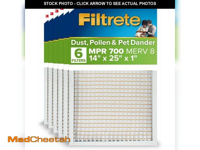 Lot 74-12827780 - Filtrete 14x25x1 AC Furnace Air Filter, MPR 700, MERV 8, Tough on Pollen, Easy on Airflow, 3-Month P...
