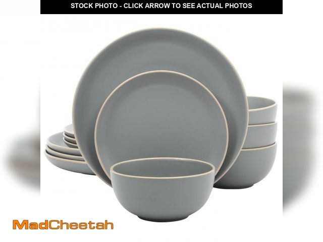 Lot 74-12523641 - (MISSING 1 SMALL PLATE)  Gibson Home Rockaway 12-Piece Dinnerware Set Service for 4, Grey Matte - - ...