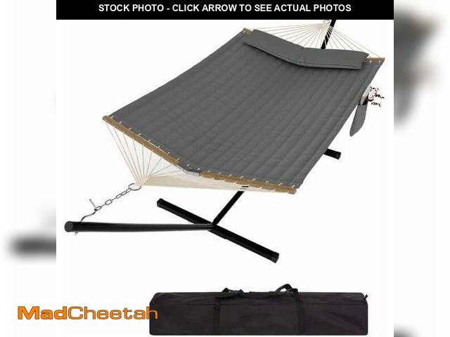 Lot 74-13779414 - Hammock with Stand, Heavy Duty Steel Frame Supports 450Lbs, Quilted Polyester &amp; Breathable Net D...