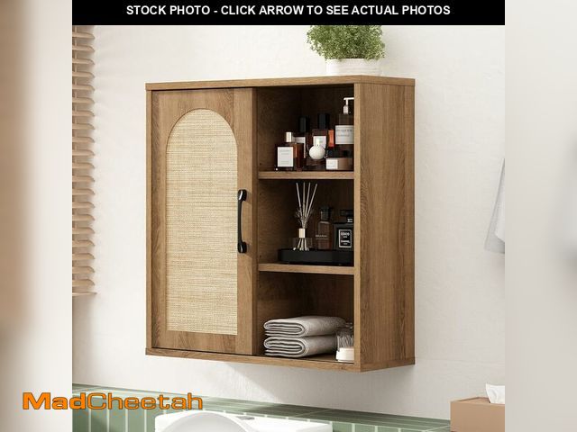 Lot 74-13776984 - RUSTOWN Boho Rattan Wall Cabinet, Midcentury Bathroom Cabinet with Sliding Door, Adjustable Shelves,...