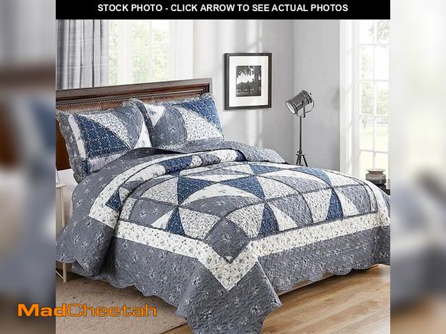 Lot 74-14300610 - Oversized King Size Quilt Set 128x120 Grey Floral Plaid Patchwork Extra Wide Super King Size Rversib...