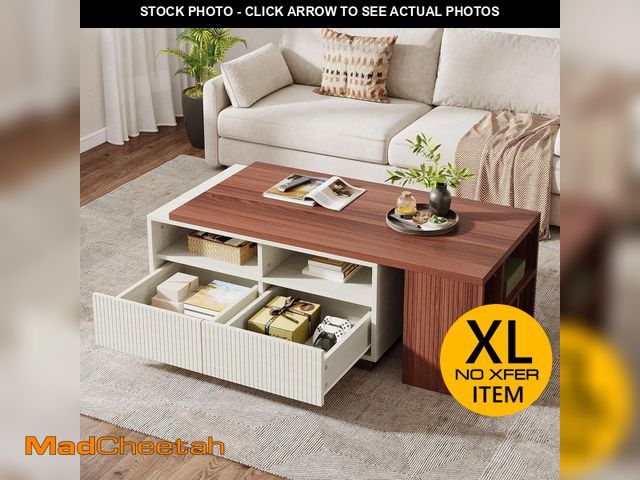 Lot 74-14223846 - BYBLIGHT Allan 43.3 in. Brown Rectangle Extendable Wood Coffee Table with 2 Drawers and Storage Shel...