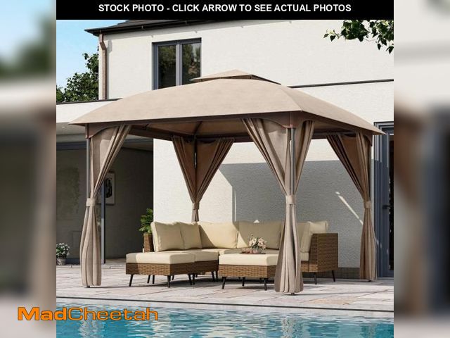 Lot 74-11995009 - LAUSAINT HOME 10 ft. x 10 ft. Khaki Outdoor Patio Gazebo with Unique Arc Roof and Privacy Curtains -...