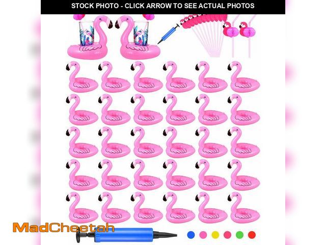 Lot 74-14427602 - Inflatable Floating Flamingo Drink Holders Set Includes Swimming Pool Drink Floats Coasters and Stra...