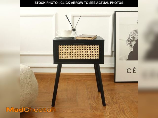Lot 74-13644726 - AWASEN Mid Century Modern Nightstand, Rattan Side Table with Drawer, Black Bedside Table with Storag...