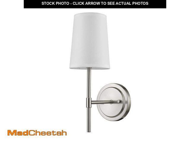 Lot 74-14113431 - Globe Electric Clarissa 3.95 in. 1-Light Brushed Nickel Wall Sconce with White Fabric Shade for Bedr...