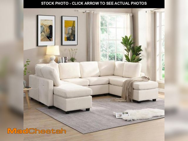 Lot 74-12032389 - Nestfair 103 in. Chenille U-Shaped Sectional Sofa Couch in. Beige with 2-Movable Ottoman and 3 USB P...