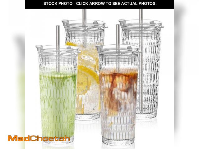 Lot 74-12216868 - Icesip 18 oz Rhombus Glass Tumbler with Straw and Lid, 4 Pack Glassware Set Thickened Glass For Matc...