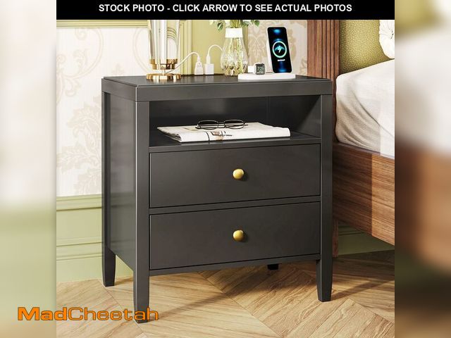 Lot 74-12785392 - Huuger Nightstand with Charging Station, Black Nightstand with 2 Drawers, Bed Side Table for Bedroom...