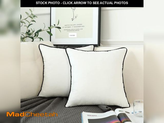 Lot 74-12438675 - LIGICKY Set of 2 White Velvet Throw Pillow Covers Modern Minimalist Style Solid Decorative Black Rop...