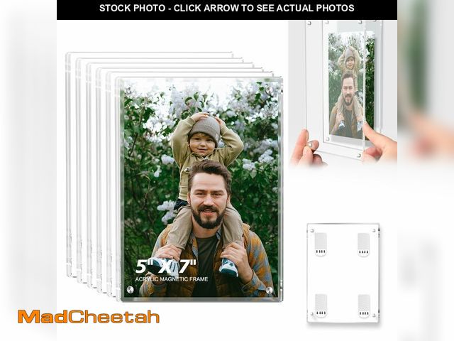 Lot 74-14268884 - JUOIFIP 6 Pack 5x7 Magnetic Acrylic Picture Frame Stick to the Wall, No Drill Clear Photo Frames, Se...