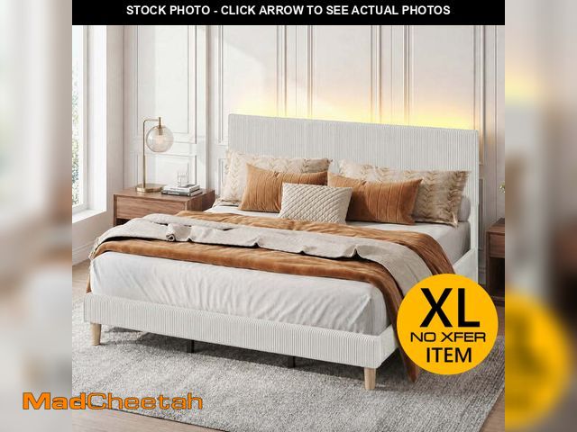 Lot 74-14609015 - Bestier Corduroy Upholstered King Bed Frame with Adjustable Headboard, Platform Bed Frame with LED L...