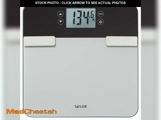 Lot 74-12686213 - Taylor Premium Glass LED Body Composition Scale with 8 User Profiles, 440lb Capacity, Black - UNUSED