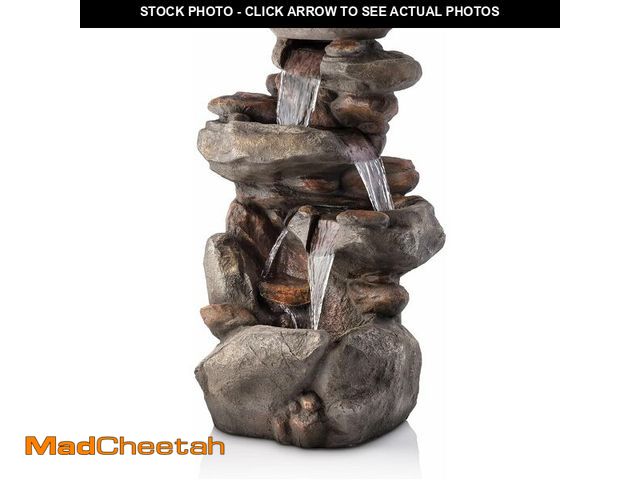 Lot 74-14581611 - Alpine Corporation | 40" 4-Tier Rock Floor Fountain with Cascading Water &amp; White LED Lights, Tra...