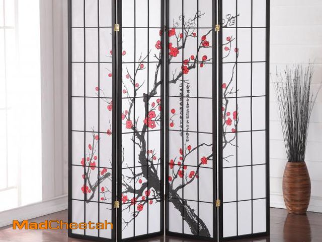 Lot 74-12489303 - Roundhill Furniture Black Japanese 4-Panel Screen Room Divider, Plum Blossom - UNUSED