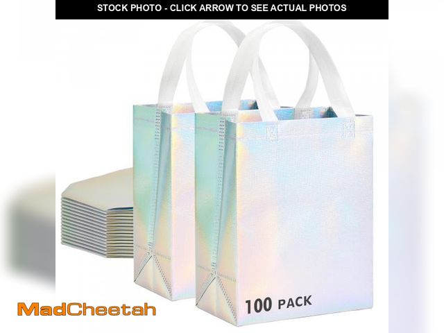 Lot 74-12046880 - 100 Pcs Iridescent Glossy Gift Bags Medium Size, 8x4x10 In Holographic Reusable Gift Bags with Handl...