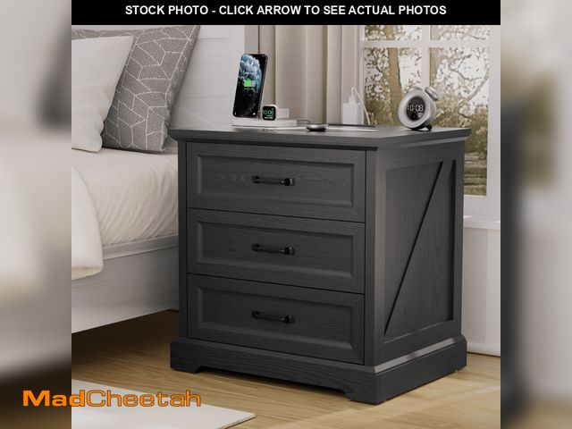 Lot 74-12800743 - Hommpa Farmhouse 3 Drawers Nightstand with Charging Station, Rustic Wood Night Stand with Drawers fo...