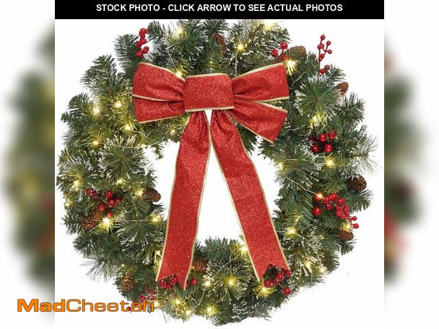 Lot 74-13709358 - Christmas Wreath Front Door Wreath - 24 Inch Pre-Lit Outdoor Wreaths for Front Door Battery Operated...
