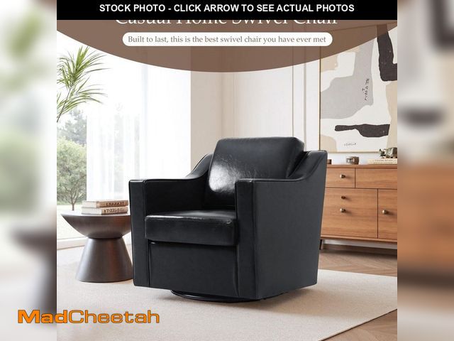 Lot 74-14256861 - Uixe Modern Black Faux Leather Upholstered Swivel Accent Barrel Chair with Metal Base (Set of 1) - U...
