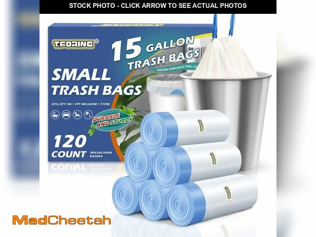 Lot 74-12607990 - T.FORING 15 Gallon Trash Bags with Drawstring - 120 Count Heavy Duty 1.25 Mil Garbage Bags 56 Liter ...