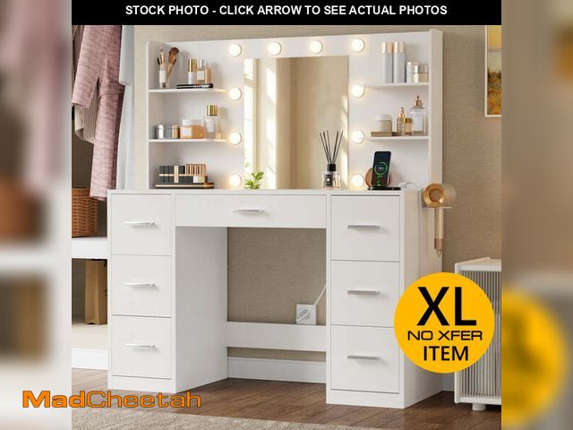 Lot 74-13108623 - Lacoo Vanity Desk with Mirror and LED Lights, Makeup Vanity with 7 Drawers &amp; 4 Shelves, Vanity T...