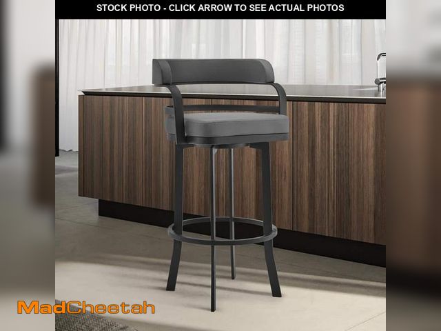 Lot 74-12091503 - Armen Living Prinz 26 in. Low Back Gray Faux Leather and Black Metal Swivel Bar Stool - UNUSED