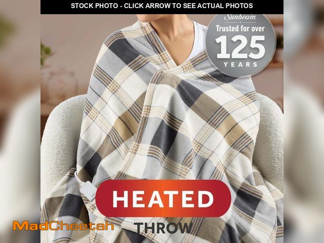 Lot 74-12859223 - Sunbeam Electric Heated Throw Blanket Neutral Plaid Super Soft Microplush 4 Heat Settings Oversized ...