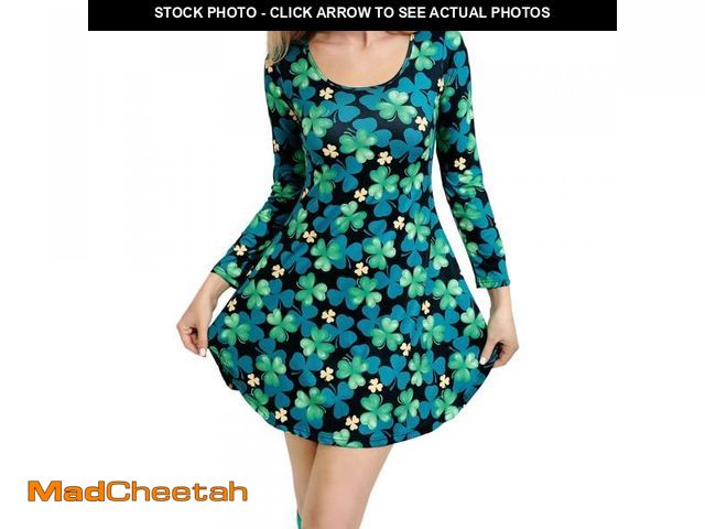 Lot 74-12393224 - Women St Patrick's Day Shamrock Clover Printed Long Sleeve Flare Dress(M) - UNUSED