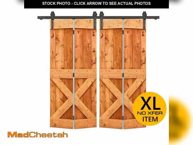 Lot 74-13012283 - 56 in. x 84 in. Mini X Series Red Walnut Stained DIY Wood Double Bi-Fold Barn Doors with Sliding Har...