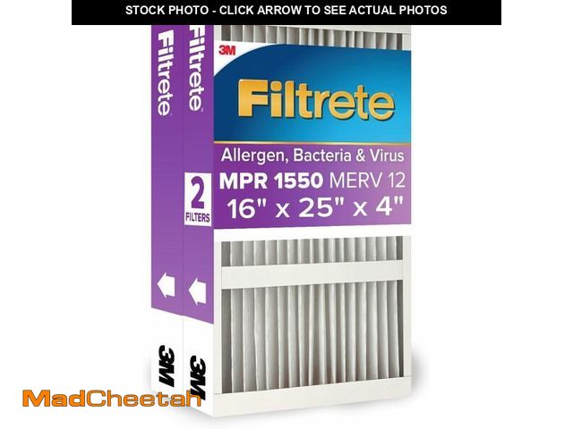 Lot 74-14067259 - Filtrete 16x25x4 AC Furnace Air Filter, MPR 1550, MERV 12, Fits Lennox &amp; Honeywell, Certified As...