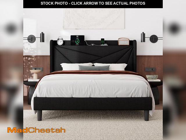 Lot 74-12152909 - Feonase Queen Size Bed Frame with Charging Station, Linen Upholstered Platform Bed Frame with Wingba...