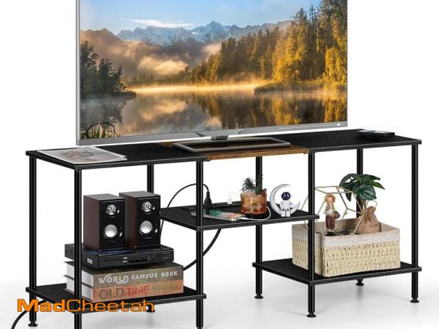 Lot 74-12330273 - OYEAL Black Bedroom TV Stand with Power Outlets up to 50 inch TV, Small Entertainment Center Stand w...