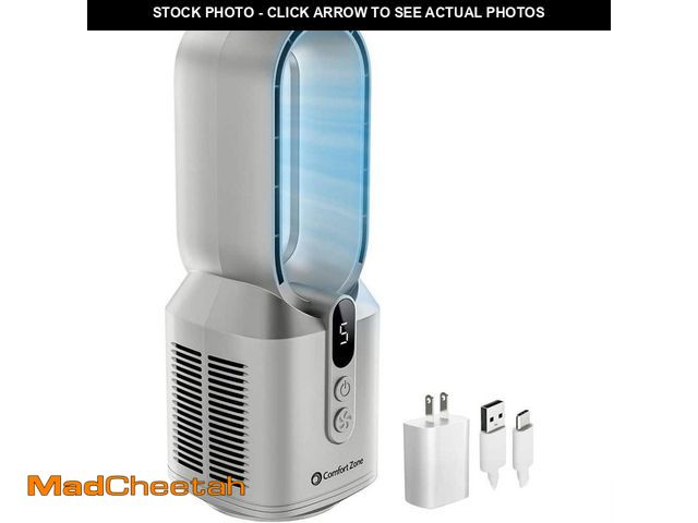 Lot 74-14350012 - Comfort Zone 14 in. Tall and 5.5 in. Diameter 5 Speed Rechargeable Desktop Tower Fan in Silver with ...
