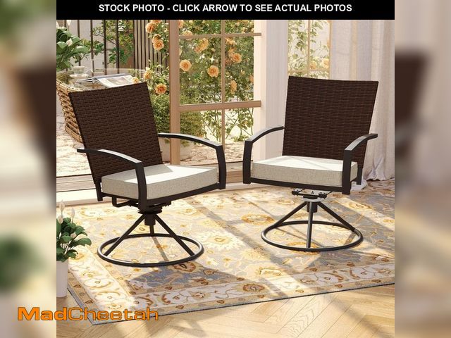 Lot 74-14306214 - (MISSING HARDWARE)Gardenbee Outdoor Rattan Metal Swivel Dining Chair with Beige Cushion (2-Pack) - U...