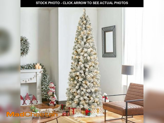 Lot 74-12779705 - 7ft Pre-Lit Snow Flocked Pencil Christmas Tree Hinged Slim Skinny Corner Xmas Tree with 300 Warm Lig...