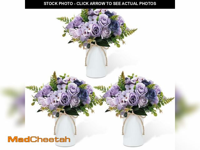 Lot 74-13623902 - Dining Table Centerpiece Sets 3 Artificial Rose Bouquet with Vase - Farmhouse 6 Pcs Silk Flowers and...