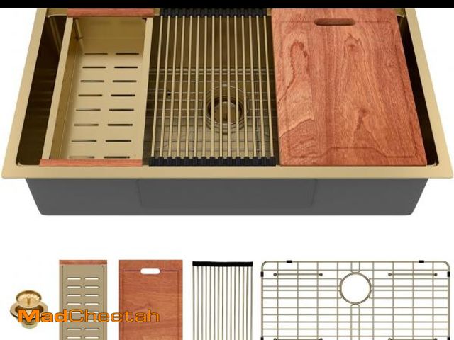 Lot 74-12160313 - Lordear 33 Inch Drop In Kitchen Sink Gold Brushed 33x22 Workstation Stainless Steel 16 Gauge Single ...