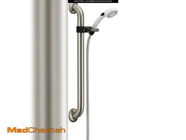 Lot 74-12029397 - Delta Faucet 2-Spray ADA Grab Bar Adjustable Hand Held Shower with Hose, Stainless 52001-DS - UNUSED