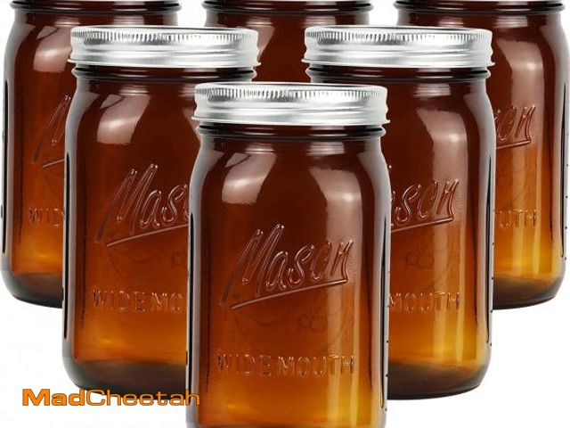 Lot 74-12119689 - Polytun Amber Glass Mason Jars 32 oz Wide Mouth with Airtight Lids and Bands 6 Pack, Amber Clear Gla...