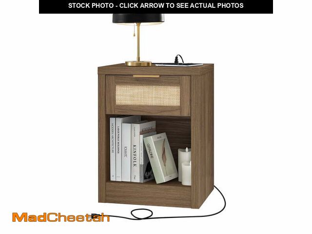 Lot 74-13817692 - OAKHAM Rattan Nightstand with Charging Station and USB Port, Boho Bedside Table - UNUSED