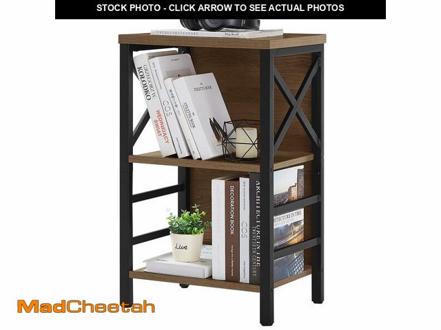 Lot 74-14383102 - MNEETRUNG Small Bookshelf, 3 Tier Industrial Shelf with Metal Frame and Backboard, Low Rustic Brown ...