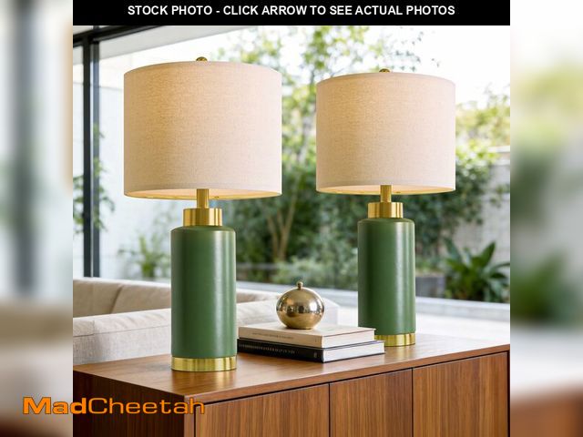 Lot 74-14214751 - USumkky 25" Green Ceramic Table Lamp Set of 2, Modern Mid-Century Bedside Nightstand Lamps for Bedro...