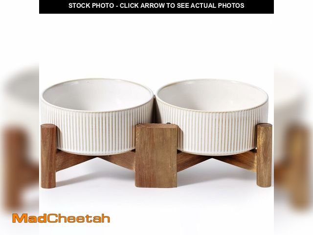Lot 74-14267543 - (MISSING ONE BOWL) Getstar Ceramic Dog Bowls Set with Acacia Wood Stand, 3.5 Cups Pet Bowls for Medi...