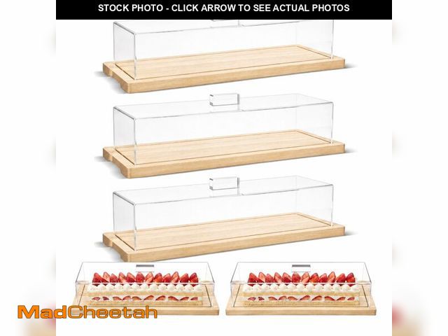 Lot 74-14211286 - Mifoci 3 Pack Natural Wood Color Cake Stand Serving Tray with Acrylic Lid, 15 x 6 x 4 Inches Charcut...