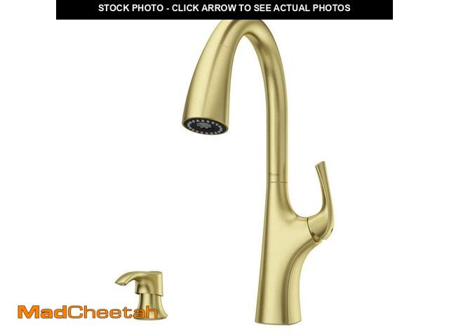 Lot 74-14245382 - Pfister Ladera Single Handle Pull Down Sprayer Kitchen Faucet with Soap Dispenser in Brushed Gold - ...