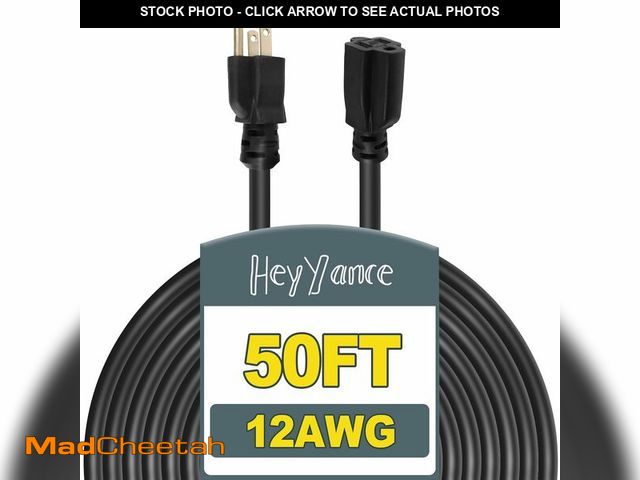 Lot 74-14268073 - HeyYance 50 Ft Heavy Duty Outdoor Extension Cord Waterproof - 12/3 SJTW 15A 1875W Black Extension Ca...
